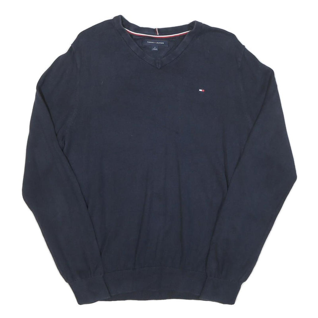 TOMMY HILFIGER Mens Navy Plain Pullover V-Neck Basic Knit M Cotton Blend Jumper
