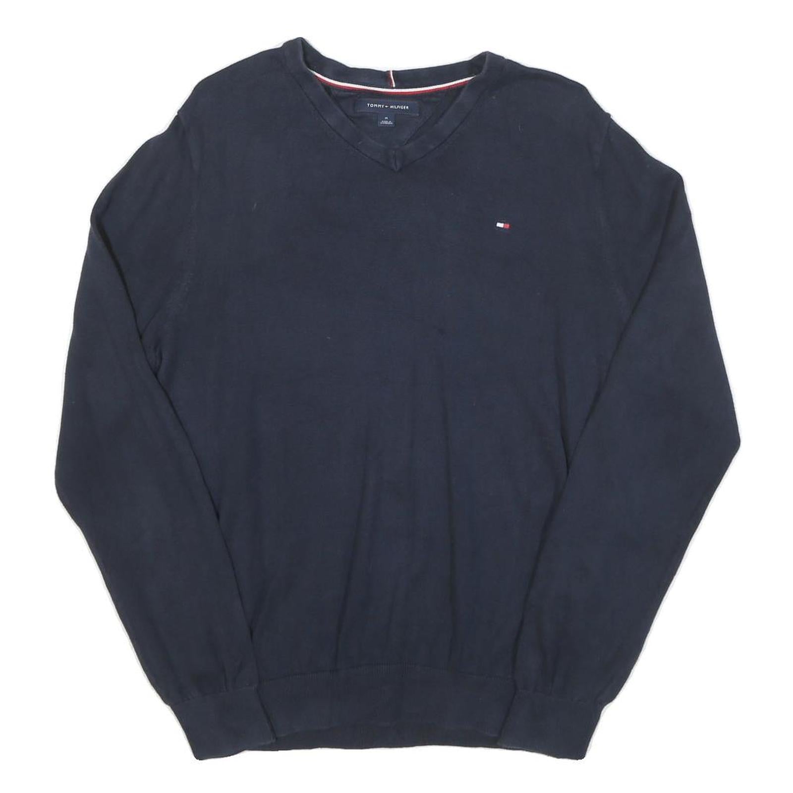 TOMMY HILFIGER Mens Navy Plain Pullover V-Neck Basic Knit M Cotton Blend Jumper