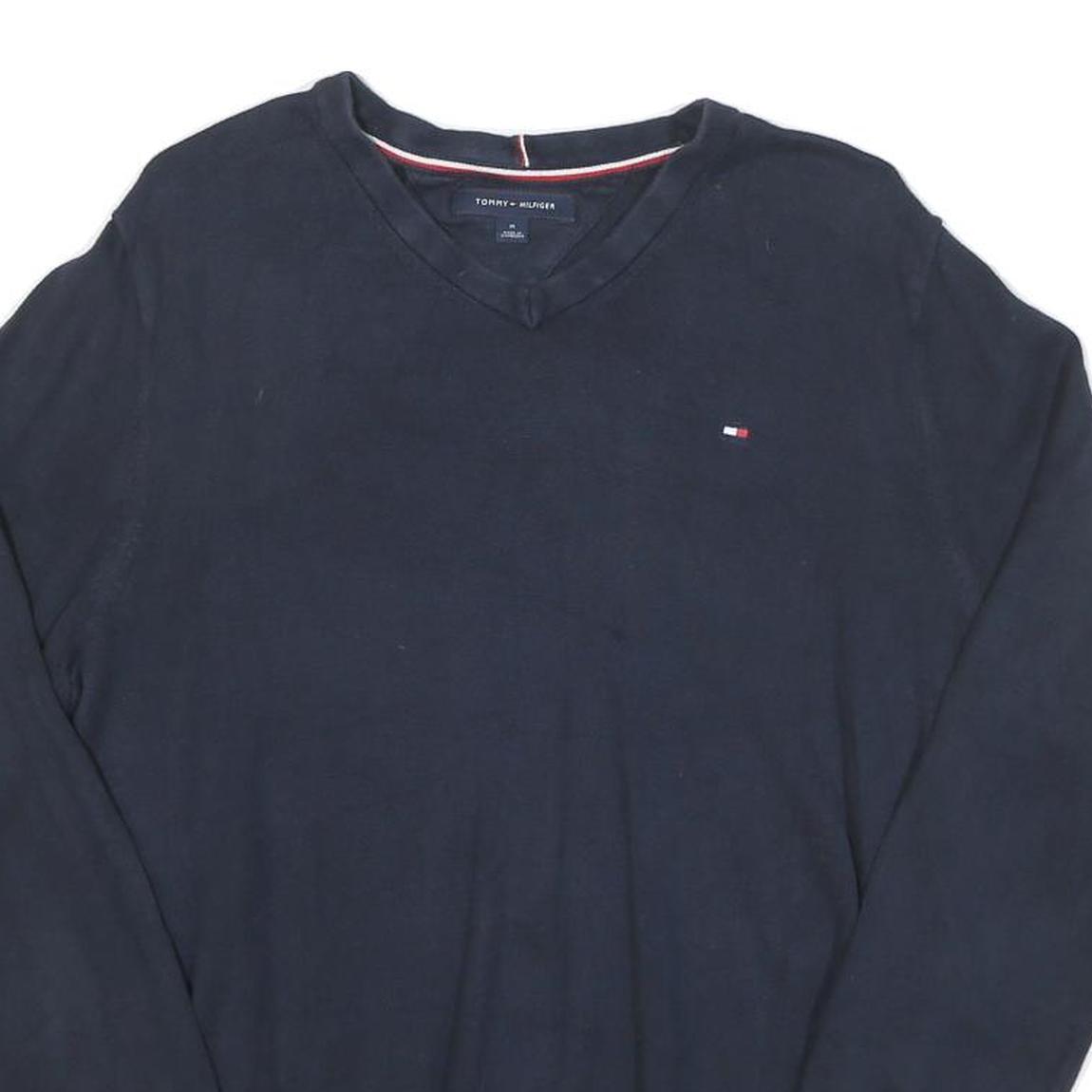 TOMMY HILFIGER Mens Navy Plain Pullover V-Neck Basic Knit M Cotton Blend Jumper