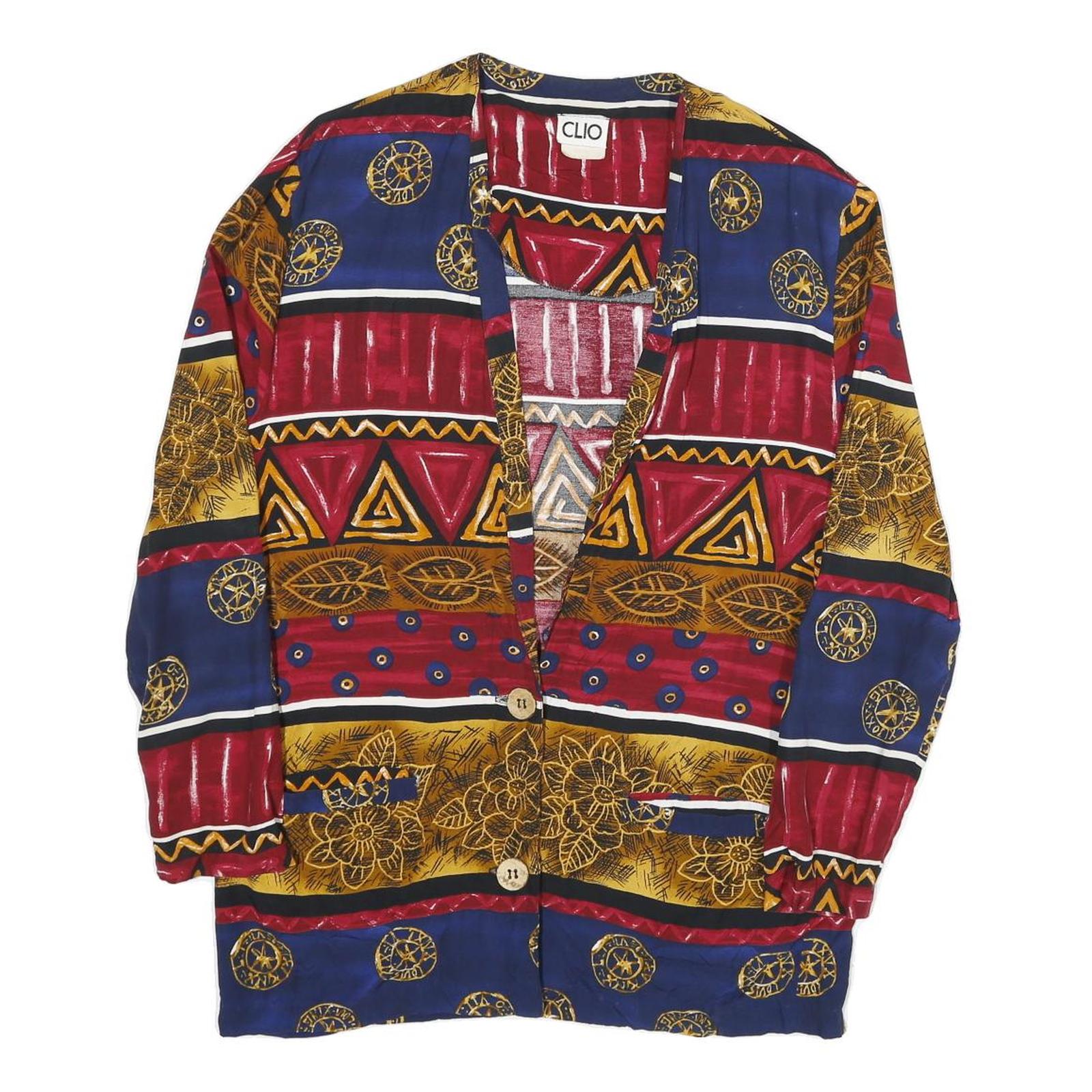 CLIO Womens Blue & Red Printed Button Shirt M Rayon Long Sleeve V-Neck