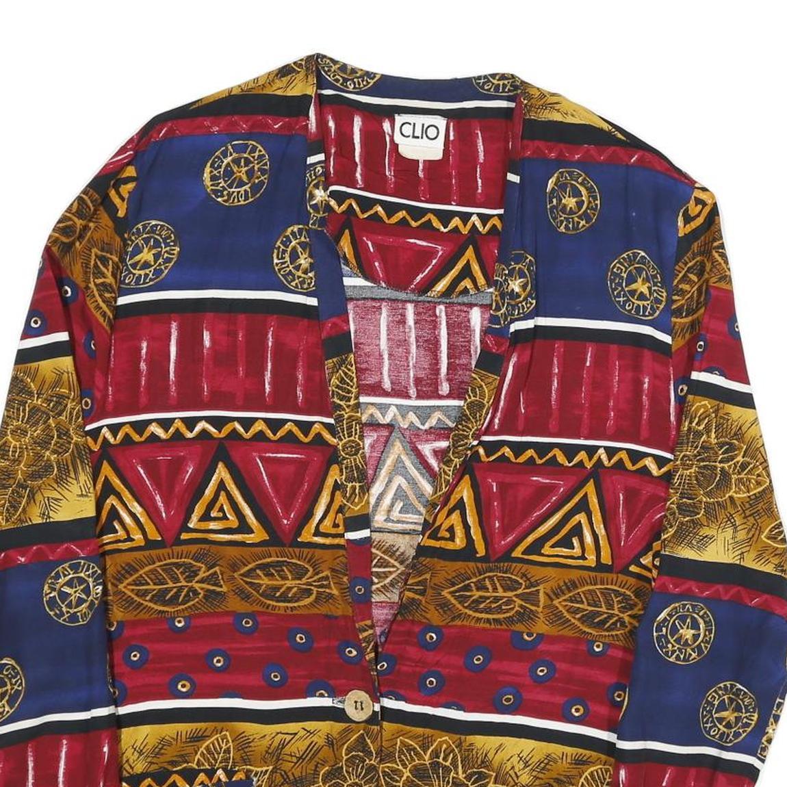 CLIO Womens Blue & Red Printed Button Shirt M Rayon Long Sleeve V-Neck