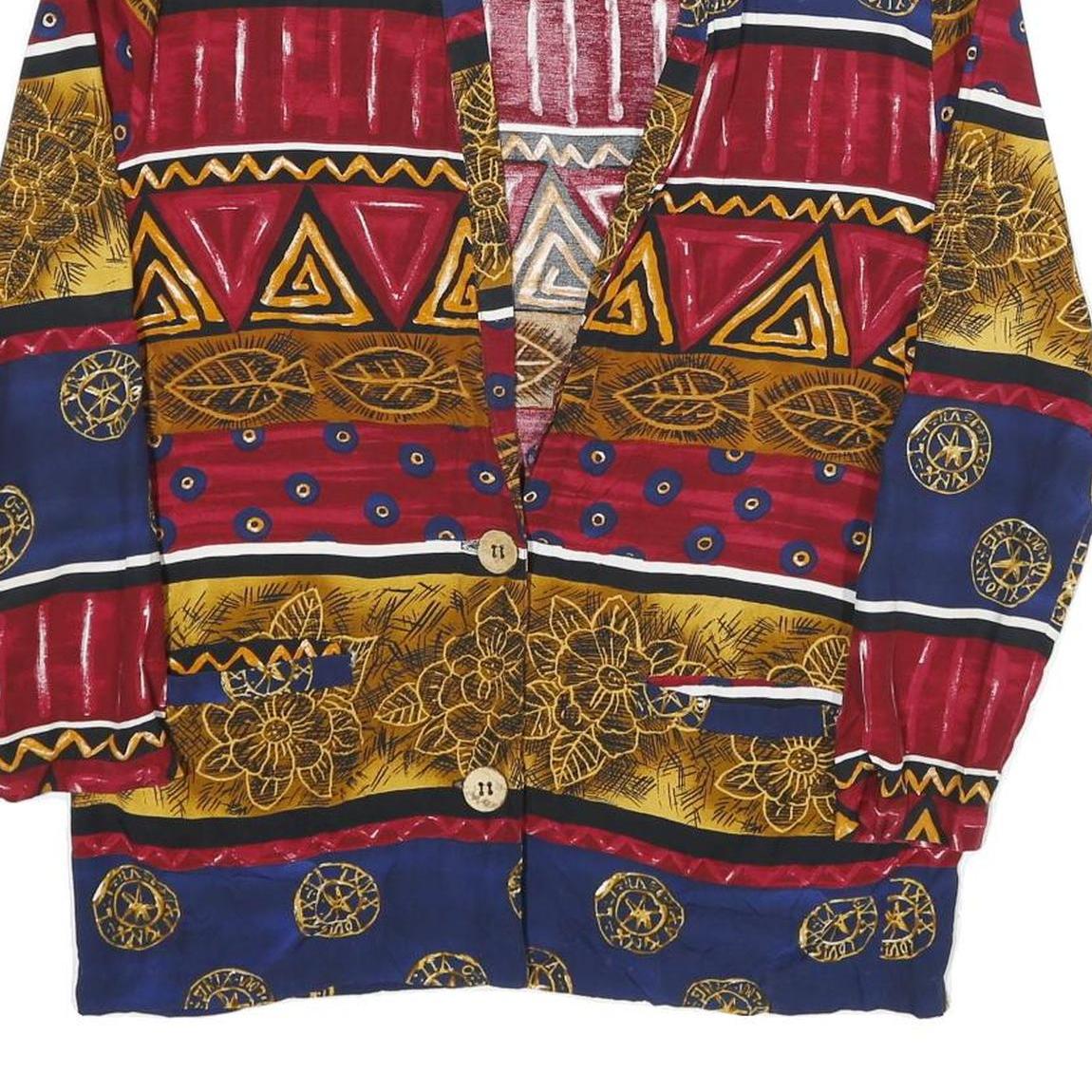 CLIO Womens Blue & Red Printed Button Shirt M Rayon Long Sleeve V-Neck