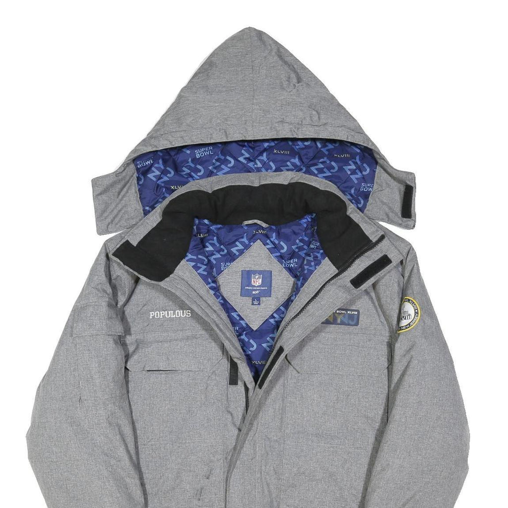 NFL Mens Grey Polyester Blend Zip Jacket L Plain Hooded Super Bowl XLVIII