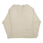 PLEASE Womens Beige Plain V-Neck Basic Knit Jumper Size UK 16 Wool Blend Pocket
