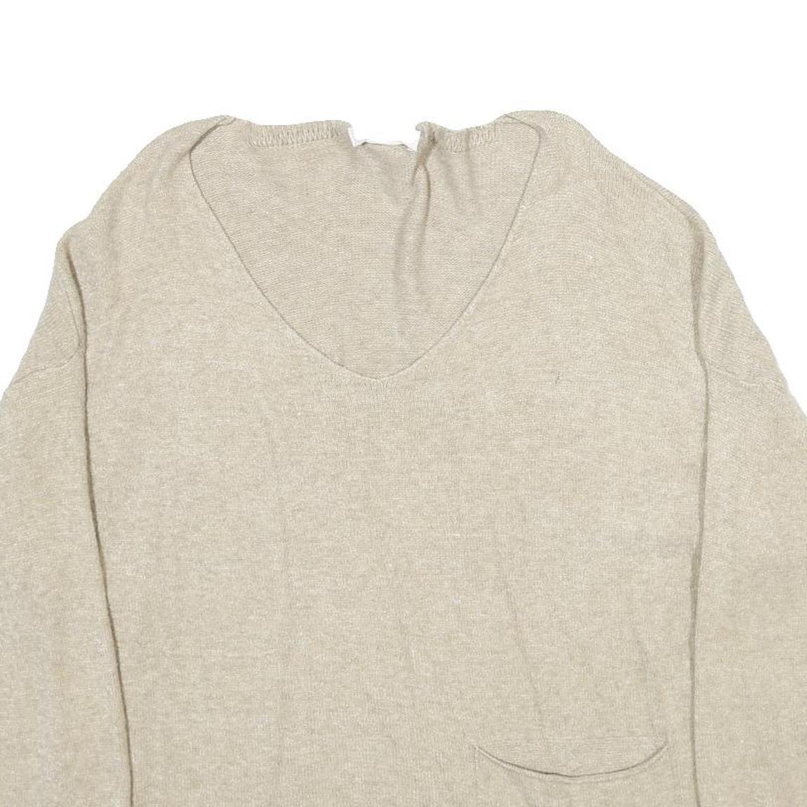 PLEASE Womens Beige Plain V-Neck Basic Knit Jumper Size UK 16 Wool Blend Pocket