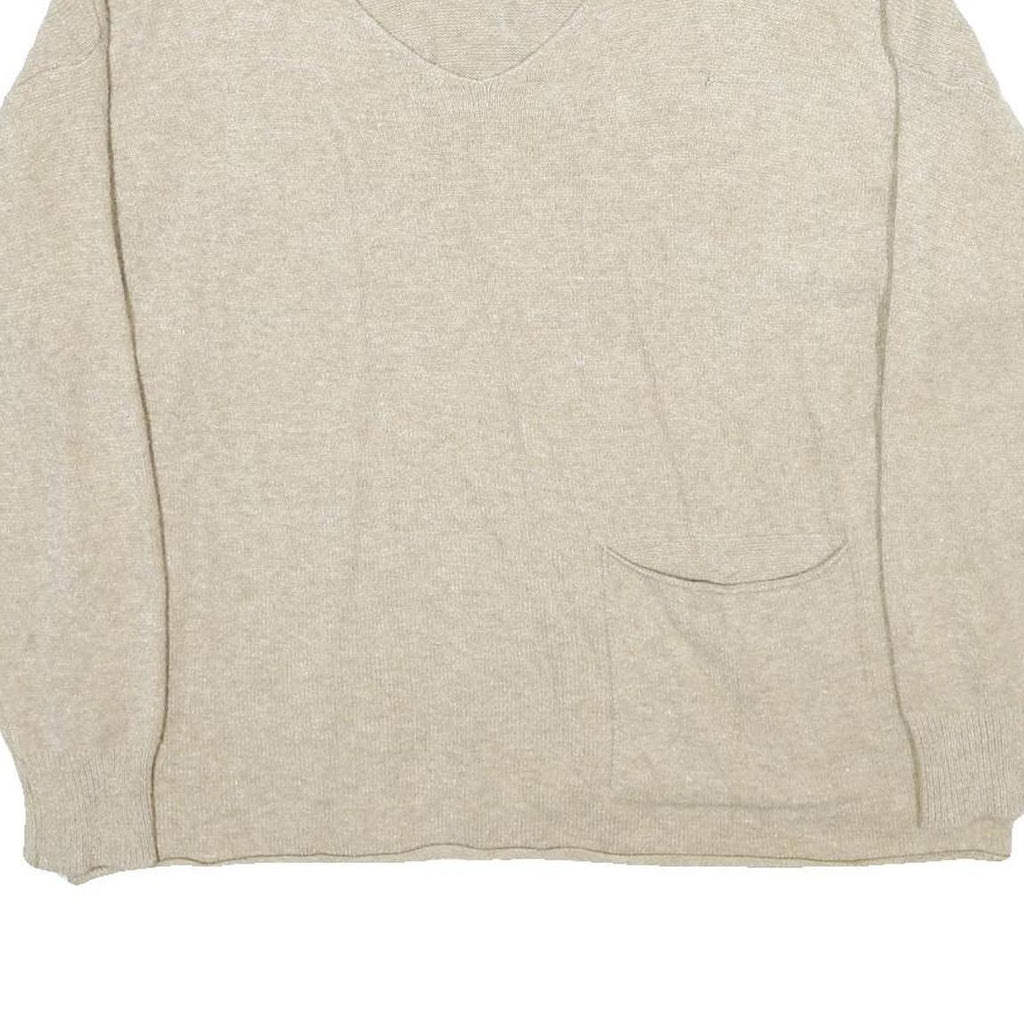 PLEASE Womens Beige Plain V-Neck Basic Knit Jumper Size UK 16 Wool Blend Pocket