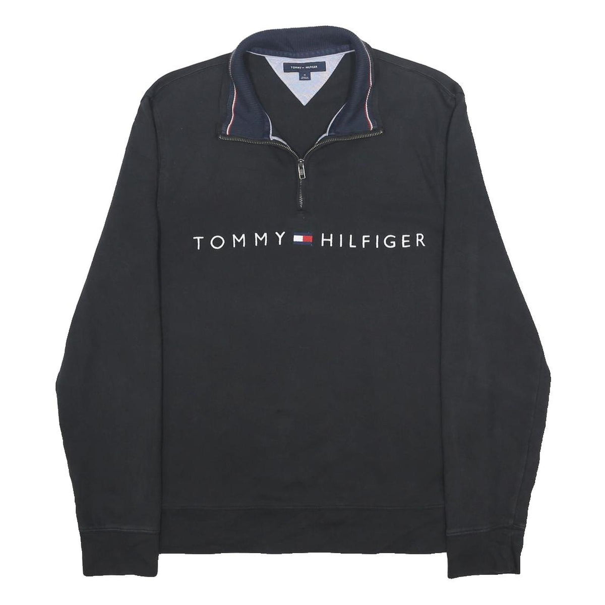 TOMMY HILFIGER Mens Black Half Zip Sweatshirt M Cotton Blend Casual Pullover