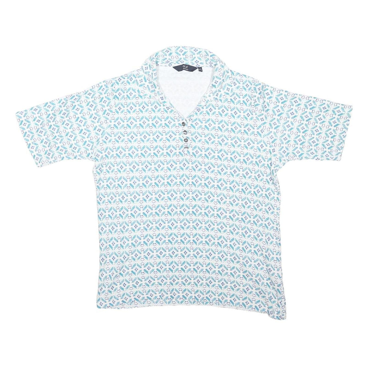 ISLE Womens White & Blue Geometric Shirt Short Sleeve V-Neck UK 14 Button