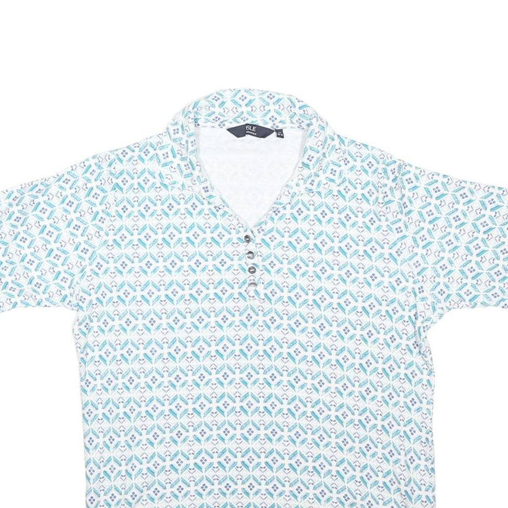 ISLE Womens White & Blue Geometric Shirt Short Sleeve V-Neck UK 14 Button