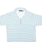 ISLE Womens White & Blue Geometric Shirt Short Sleeve V-Neck UK 14 Button