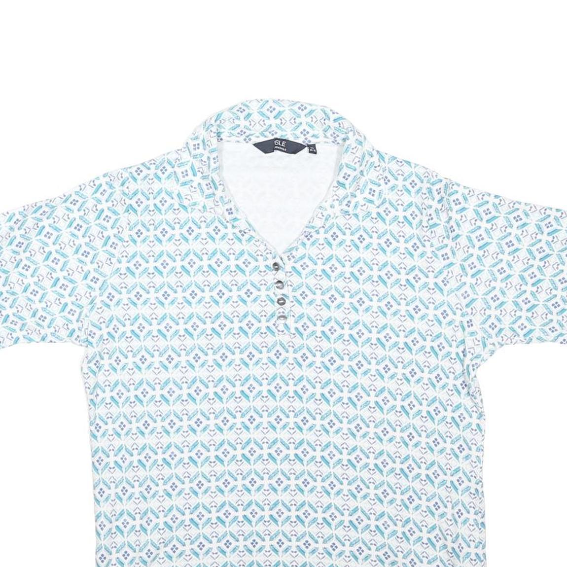 ISLE Womens White & Blue Geometric Shirt Short Sleeve V-Neck UK 14 Button