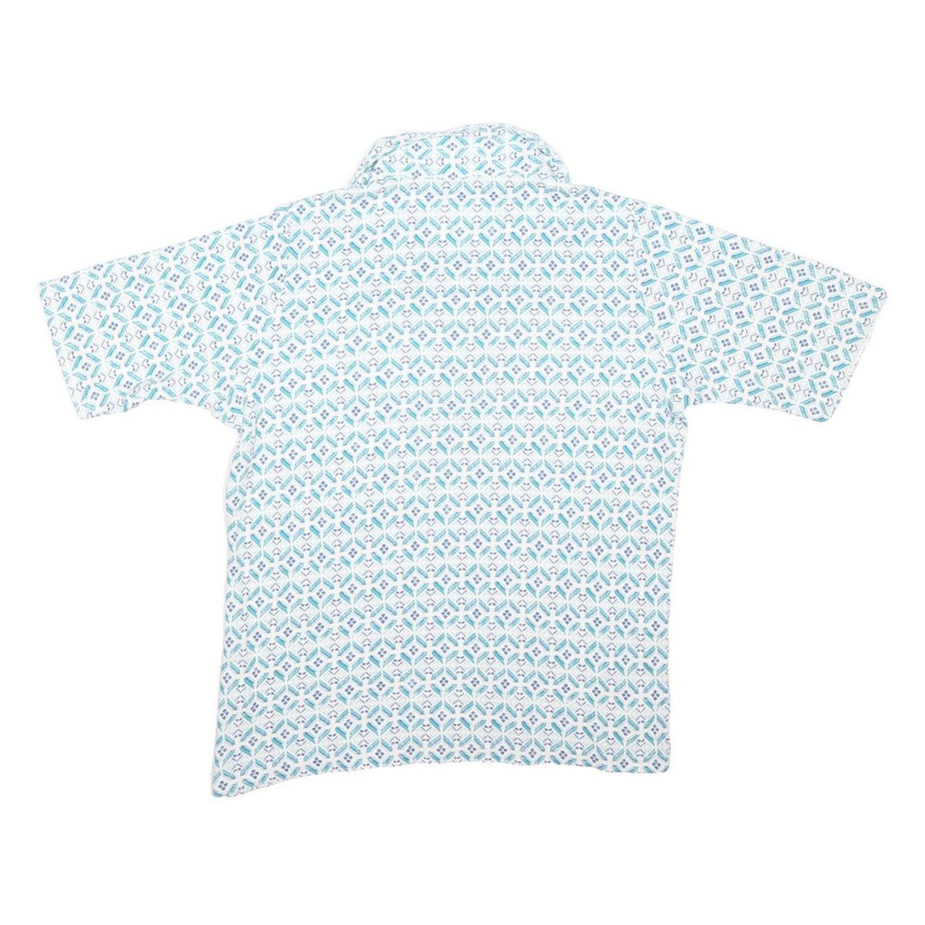 ISLE Womens White & Blue Geometric Shirt Short Sleeve V-Neck UK 14 Button