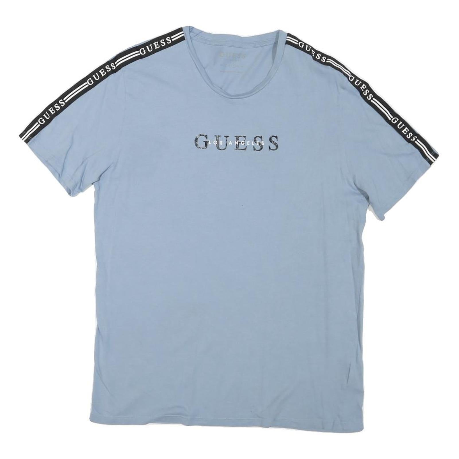 GUESS Mens Blue T-Shirt L Short Sleeve Round Neck Logo Print Cotton Blend