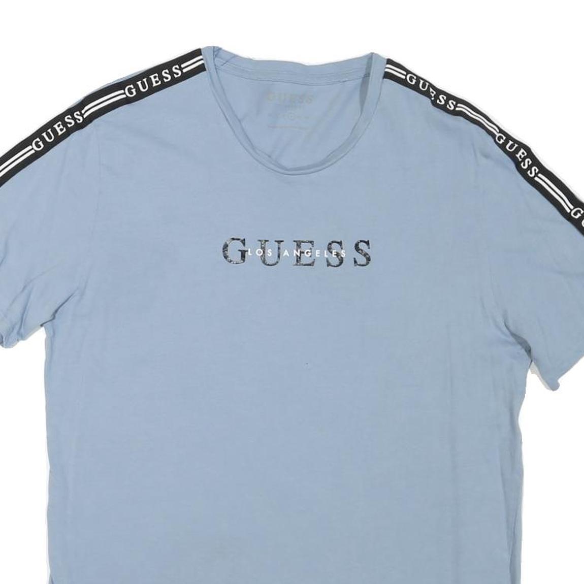 GUESS Mens Blue T-Shirt L Short Sleeve Round Neck Logo Print Cotton Blend