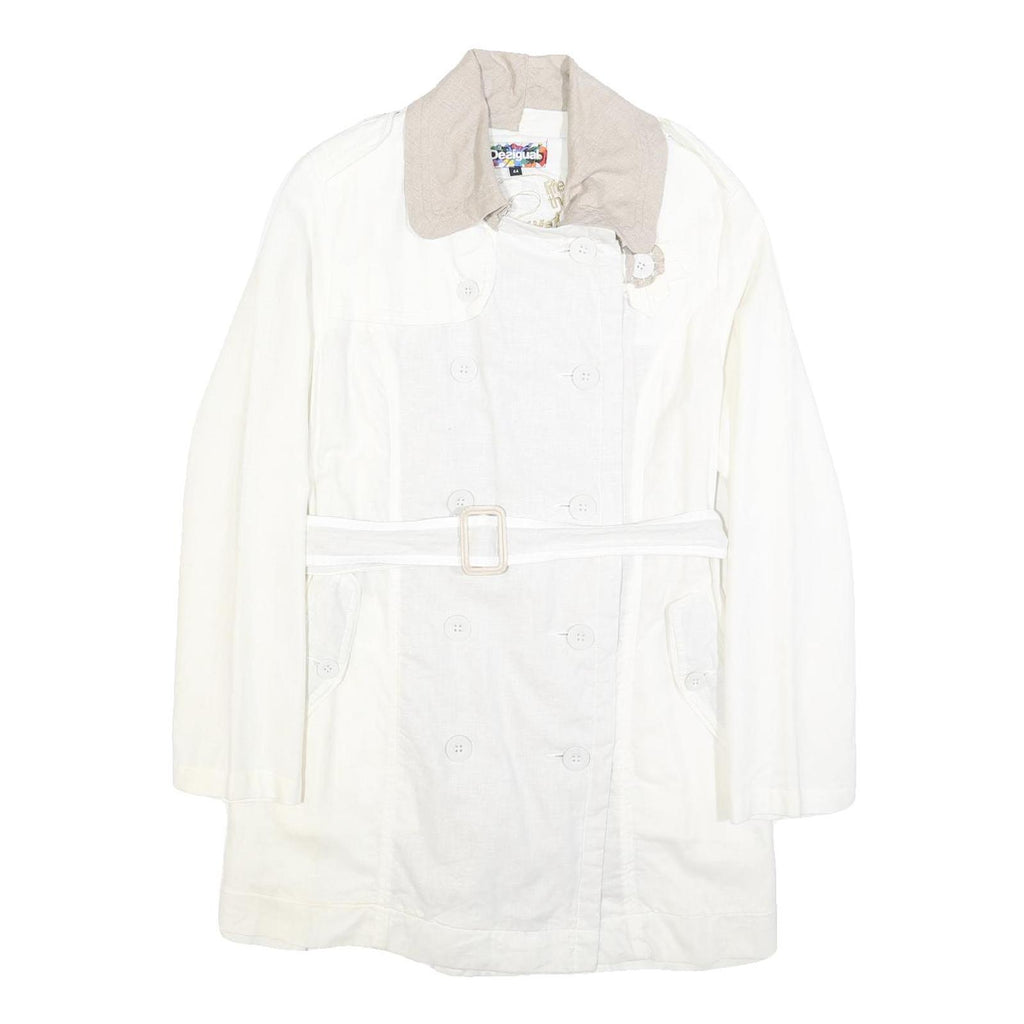 DESIGUAL Womens White Cream Linen Blend Button Jacket L Belted Embroidered