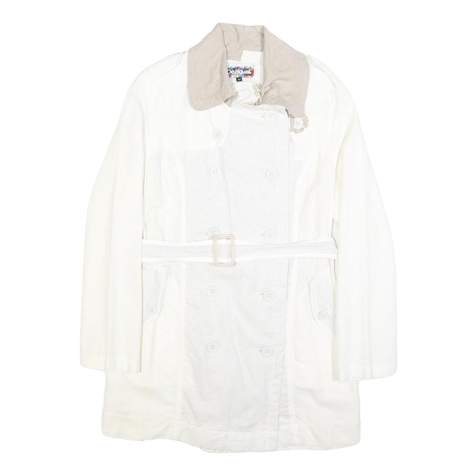 DESIGUAL Womens White Cream Linen Blend Button Jacket L Belted Embroidered