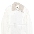 DESIGUAL Womens White Cream Linen Blend Button Jacket L Belted Embroidered