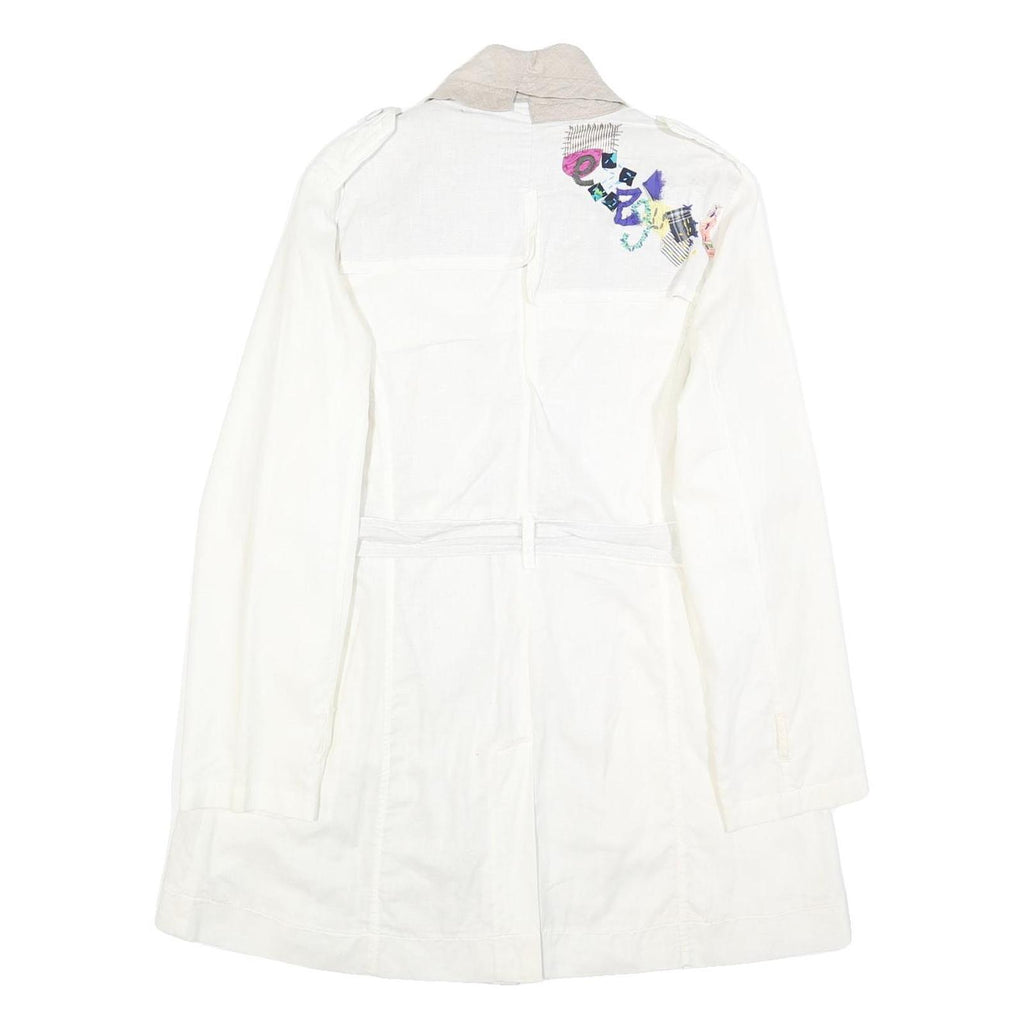 DESIGUAL Womens White Cream Linen Blend Button Jacket L Belted Embroidered