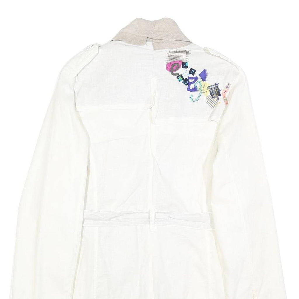 DESIGUAL Womens White Cream Linen Blend Button Jacket L Belted Embroidered