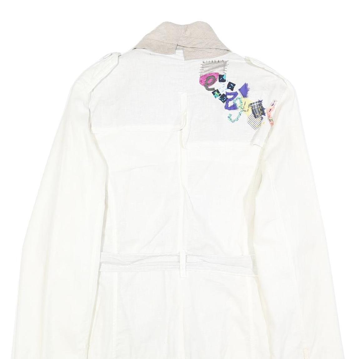 DESIGUAL Womens White Cream Linen Blend Button Jacket L Belted Embroidered