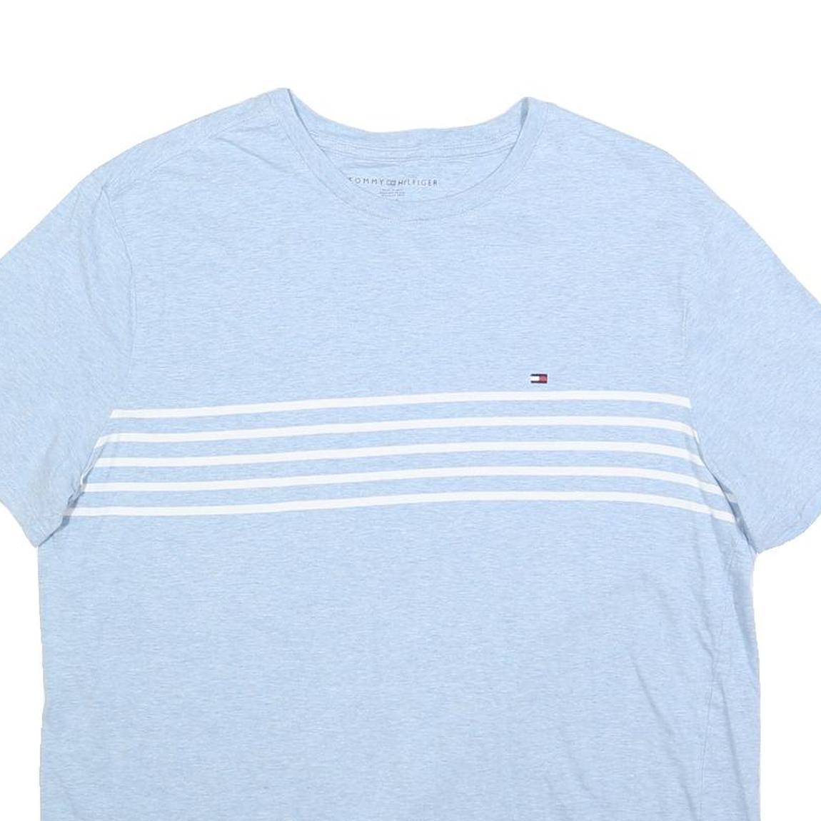 TOMMY HILFIGER Mens Light Blue & White Striped T-Shirt L Short Sleeve Crew Neck