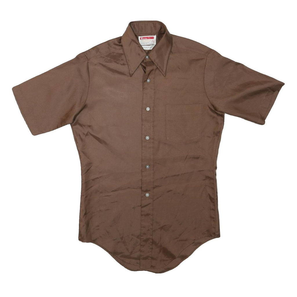 Mens Brown Plain Shirt S Polyester Short Sleeve Button Fastening
