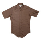 Mens Brown Plain Shirt S Polyester Short Sleeve Button Fastening