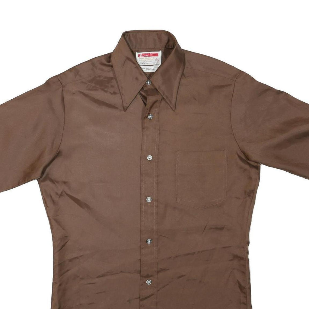 Mens Brown Plain Shirt S Polyester Short Sleeve Button Fastening