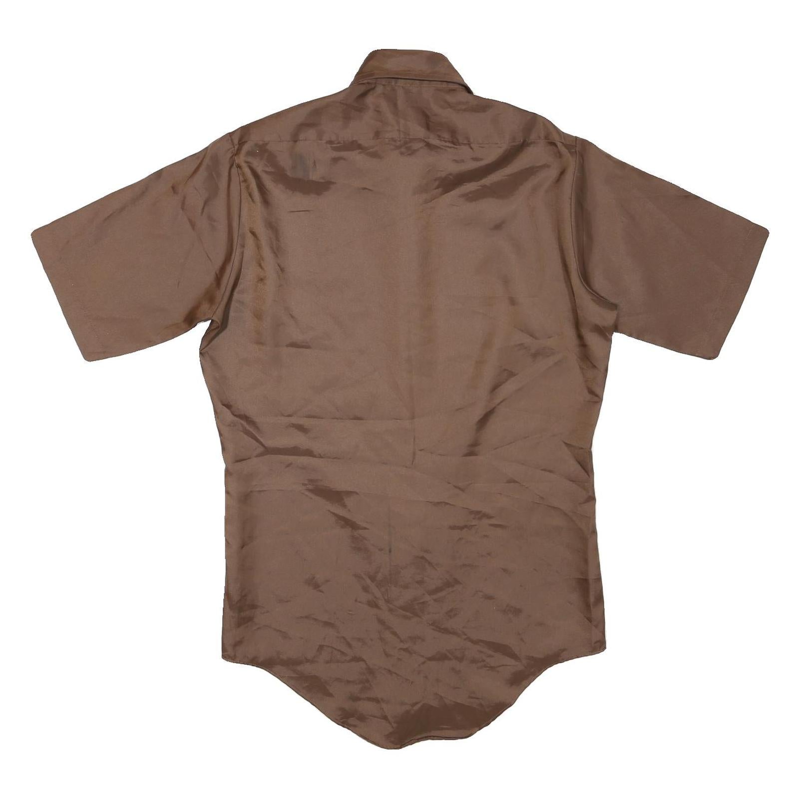 Mens Brown Plain Shirt S Polyester Short Sleeve Button Fastening