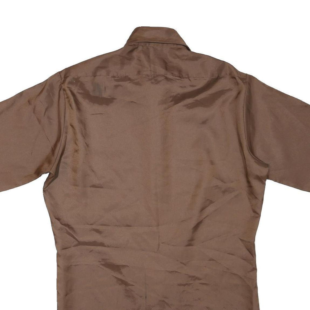 Mens Brown Plain Shirt S Polyester Short Sleeve Button Fastening