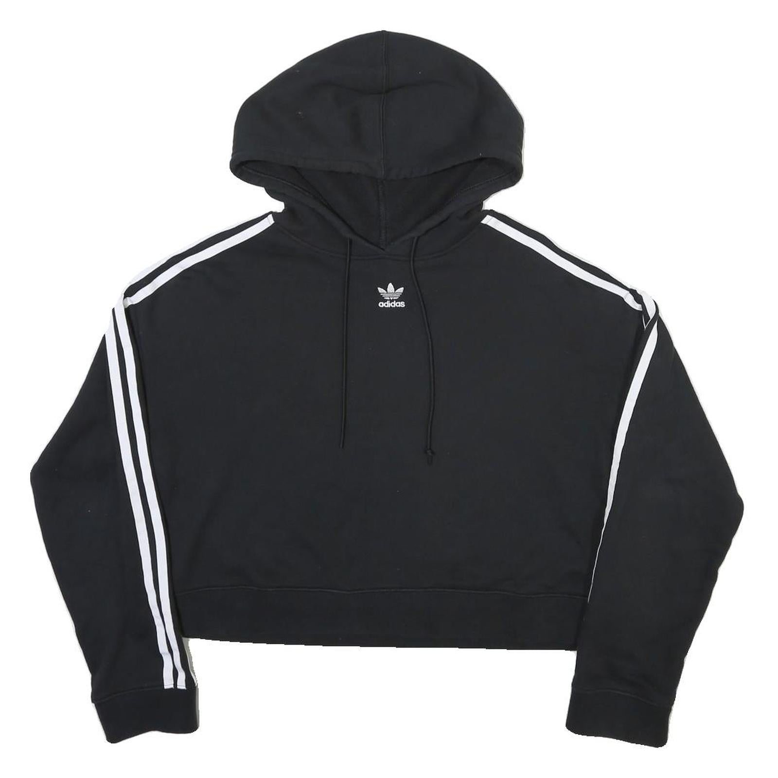 ADIDAS Womens Black Cropped Hoodie UK 12 Cotton Blend Casual Sports Sweatshirt