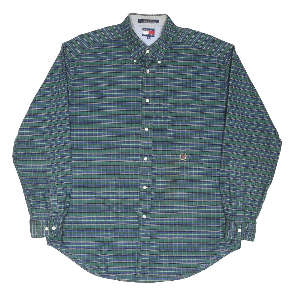TOMMY HILFIGER Mens Green & Blue Check Shirt XL Cotton Blend Long Sleeve Button