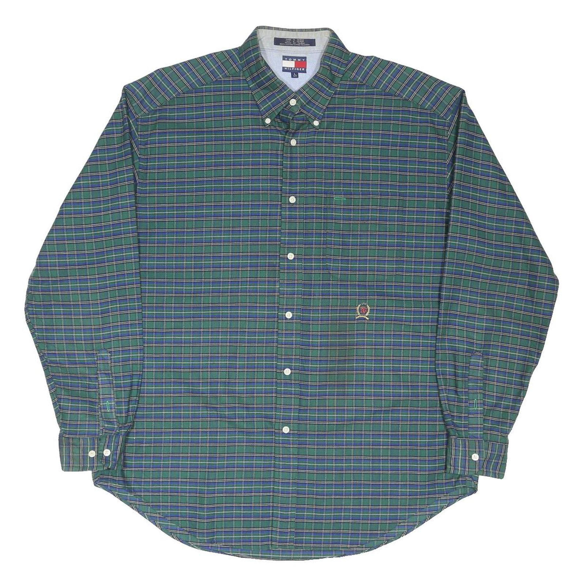 TOMMY HILFIGER Mens Green & Blue Check Shirt XL Cotton Blend Long Sleeve Button