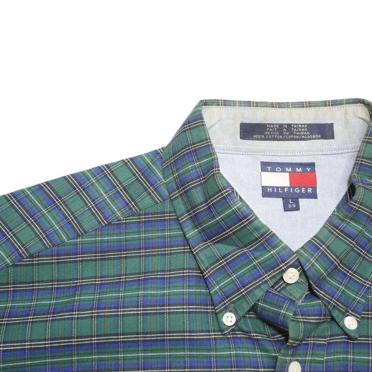TOMMY HILFIGER Mens Green & Blue Check Shirt XL Cotton Blend Long Sleeve Button