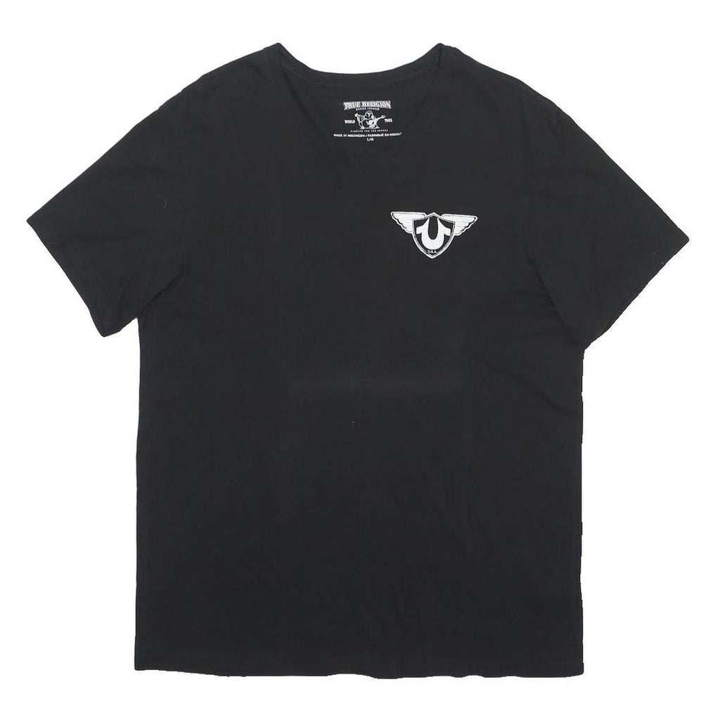 TRUE RELIGION Mens Black Graphic T-Shirt L Short Sleeve V-Neck Printed Logo