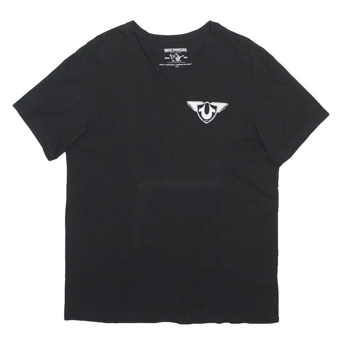 TRUE RELIGION Mens Black Graphic T-Shirt L Short Sleeve V-Neck Printed Logo