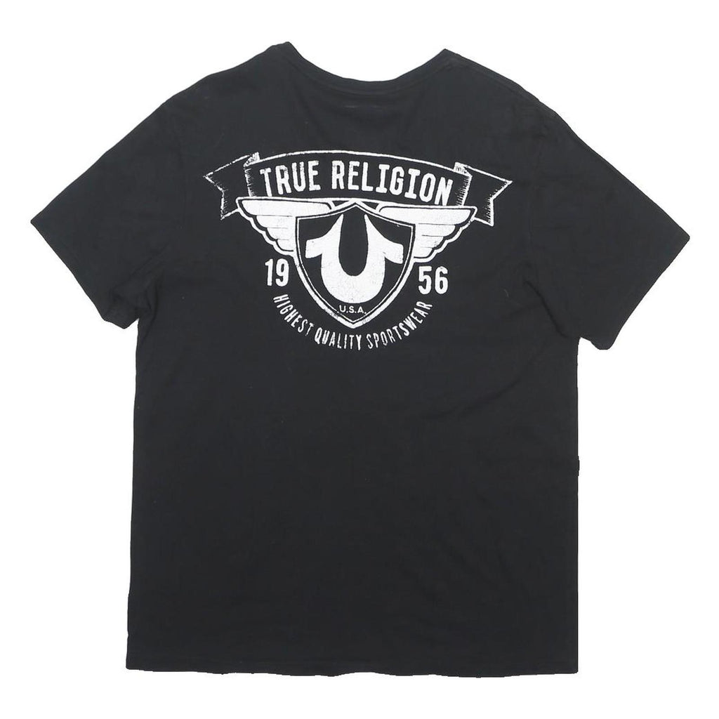 TRUE RELIGION Mens Black Graphic T-Shirt L Short Sleeve V-Neck Printed Logo