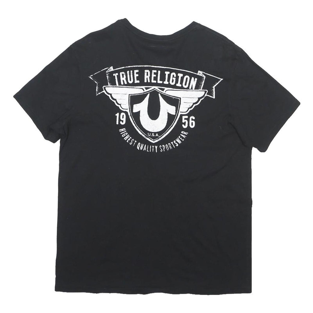 TRUE RELIGION Mens Black Graphic T-Shirt L Short Sleeve V-Neck Printed Logo