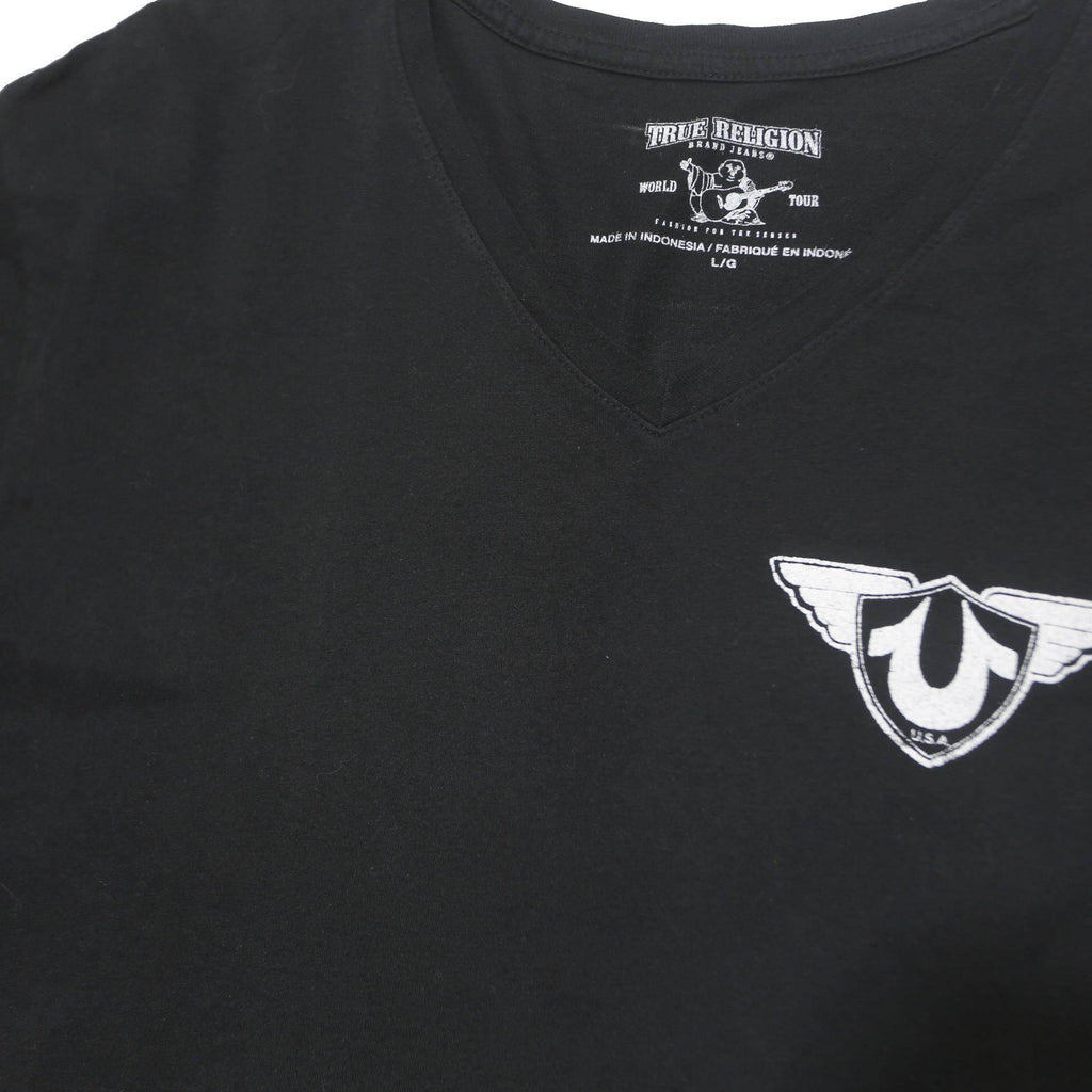 TRUE RELIGION Mens Black Graphic T-Shirt L Short Sleeve V-Neck Printed Logo