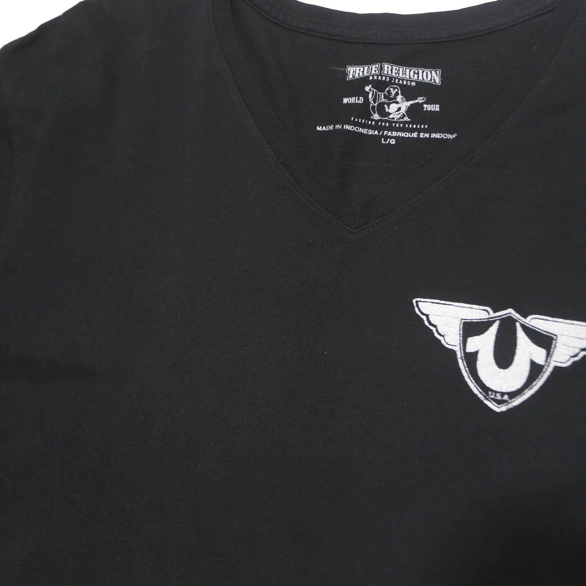 TRUE RELIGION Mens Black Graphic T-Shirt L Short Sleeve V-Neck Printed Logo