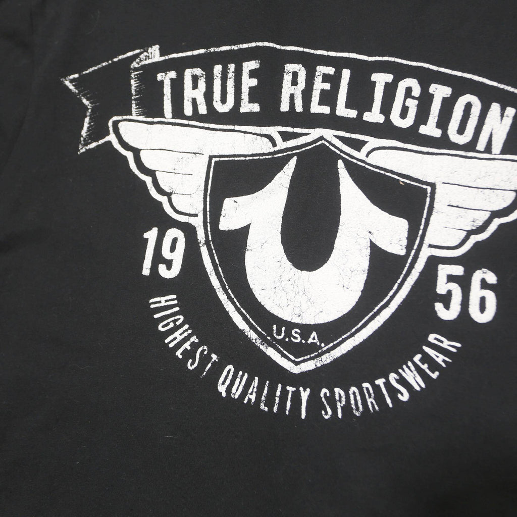 TRUE RELIGION Mens Black Graphic T-Shirt L Short Sleeve V-Neck Printed Logo