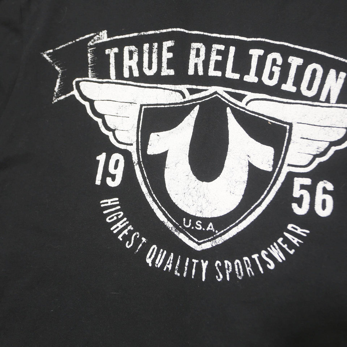 TRUE RELIGION Mens Black Graphic T-Shirt L Short Sleeve V-Neck Printed Logo