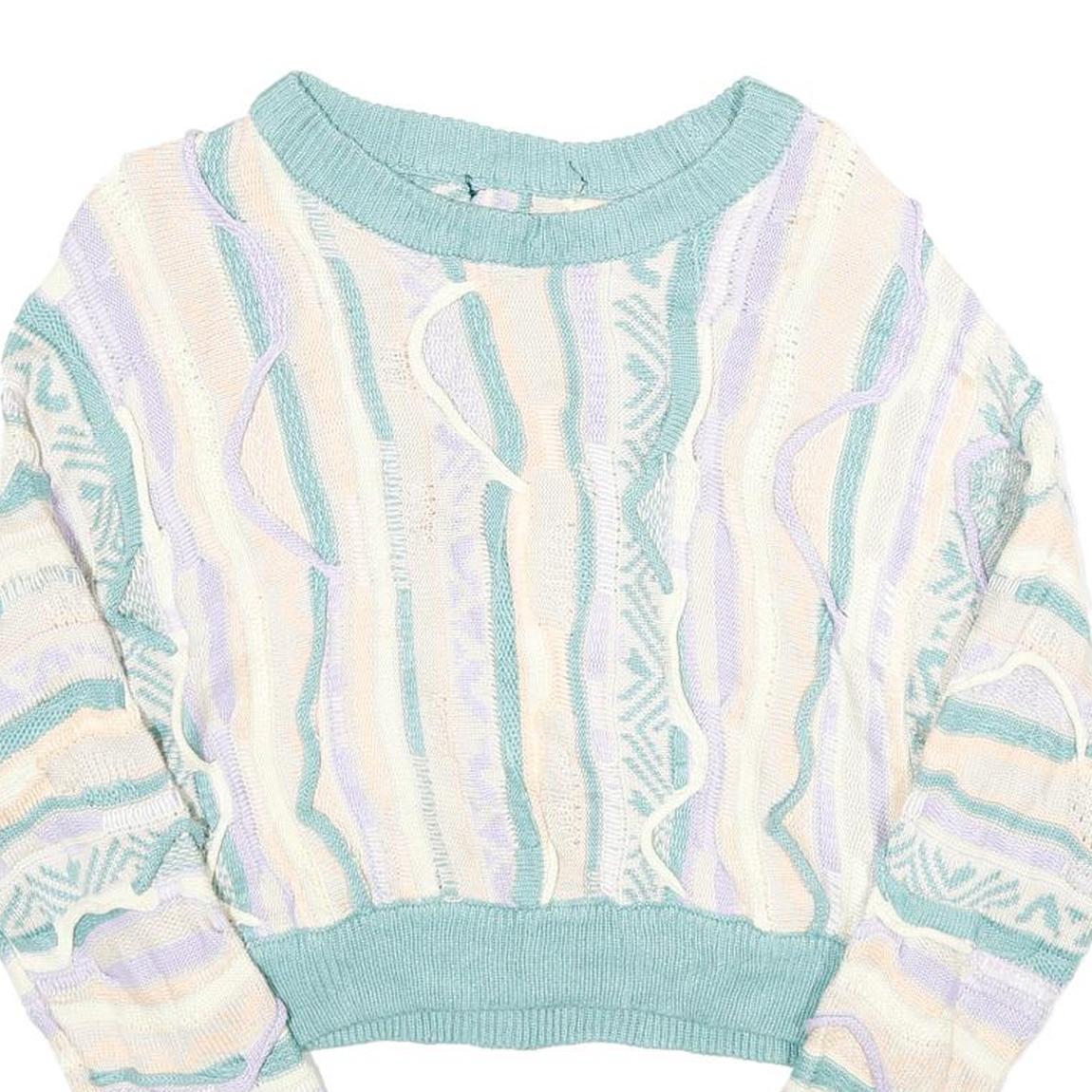 FOREVER 21 Womens Blue Cream Patterned Crop Jumper Crew Neck Basic Knit S