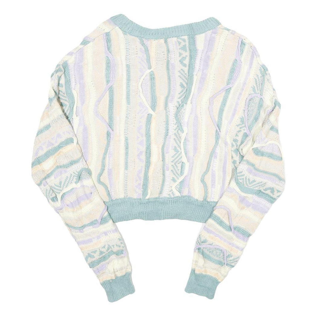FOREVER 21 Womens Blue Cream Patterned Crop Jumper Crew Neck Basic Knit S