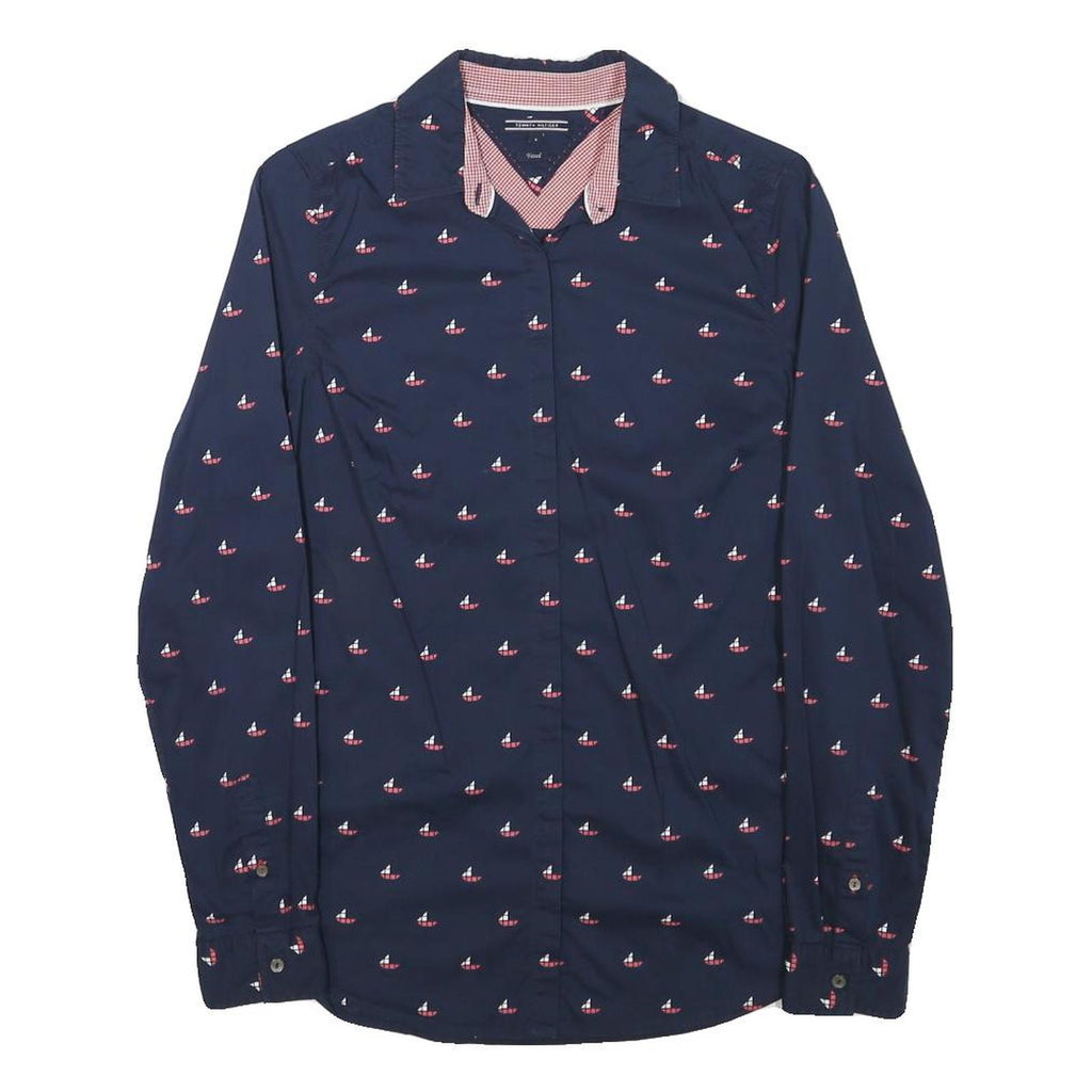 TOMMY HILFIGER Womens Navy Blue Sailboat Print Shirt S Cotton Blend Casual