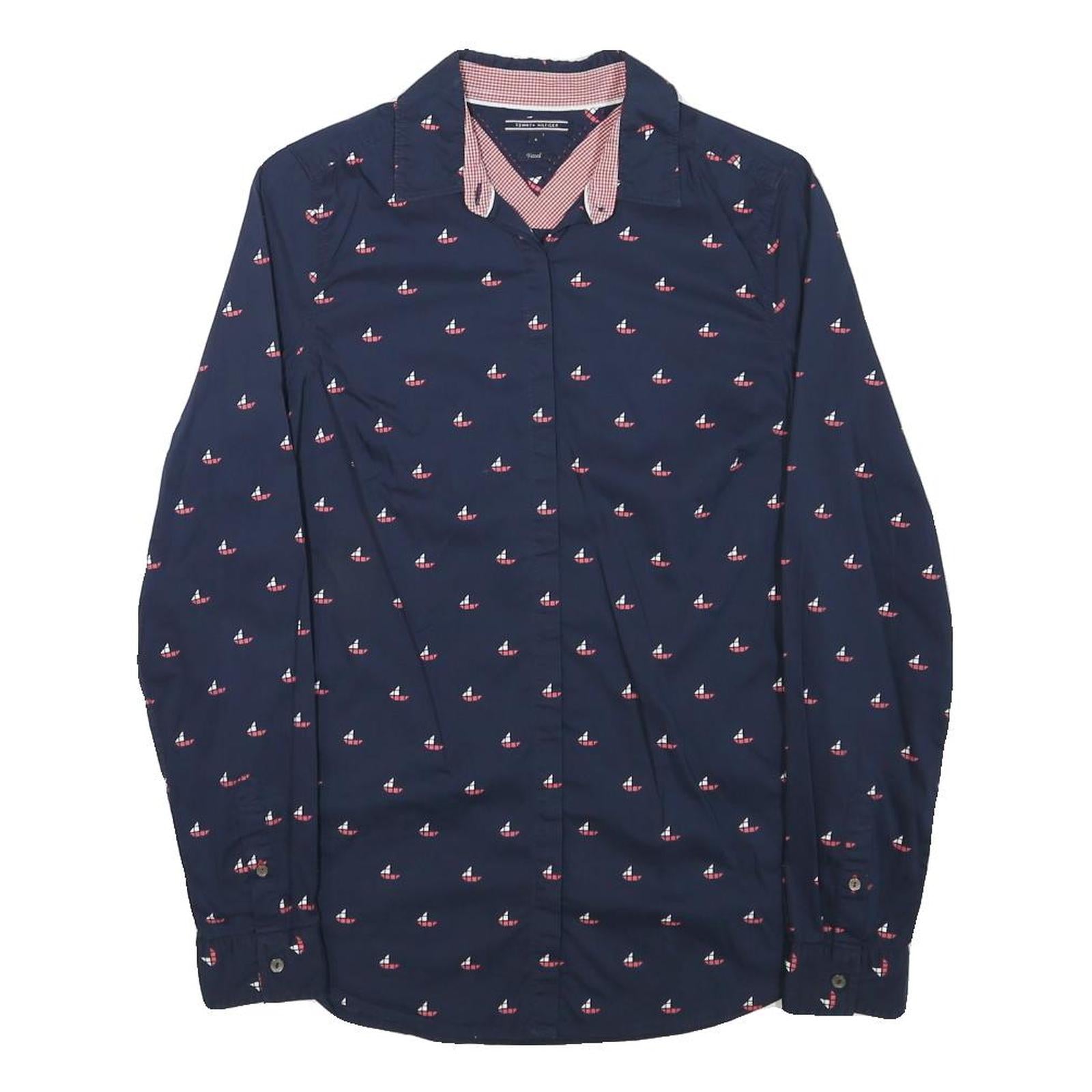 TOMMY HILFIGER Womens Navy Blue Sailboat Print Shirt S Cotton Blend Casual