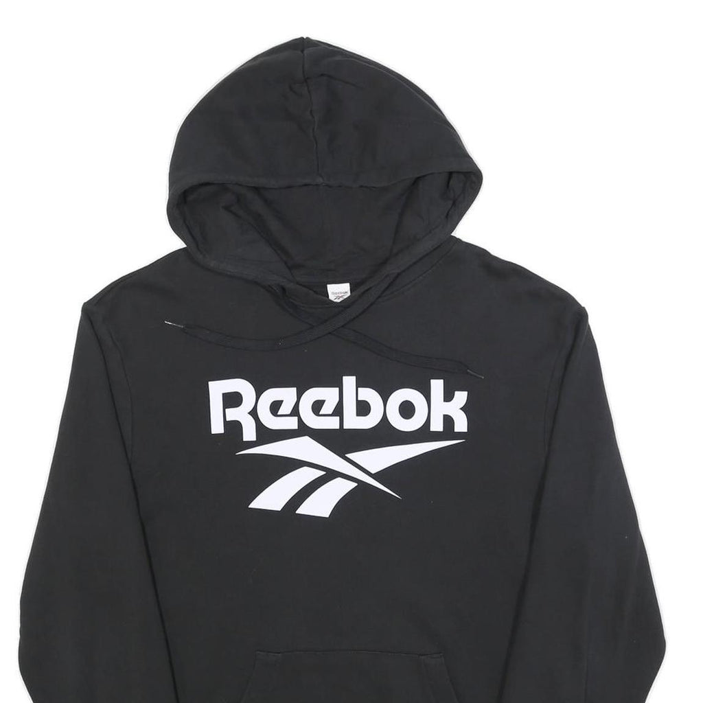 REEBOK Mens Black Hoodie M Cotton Blend Pullover Logo Print Casual