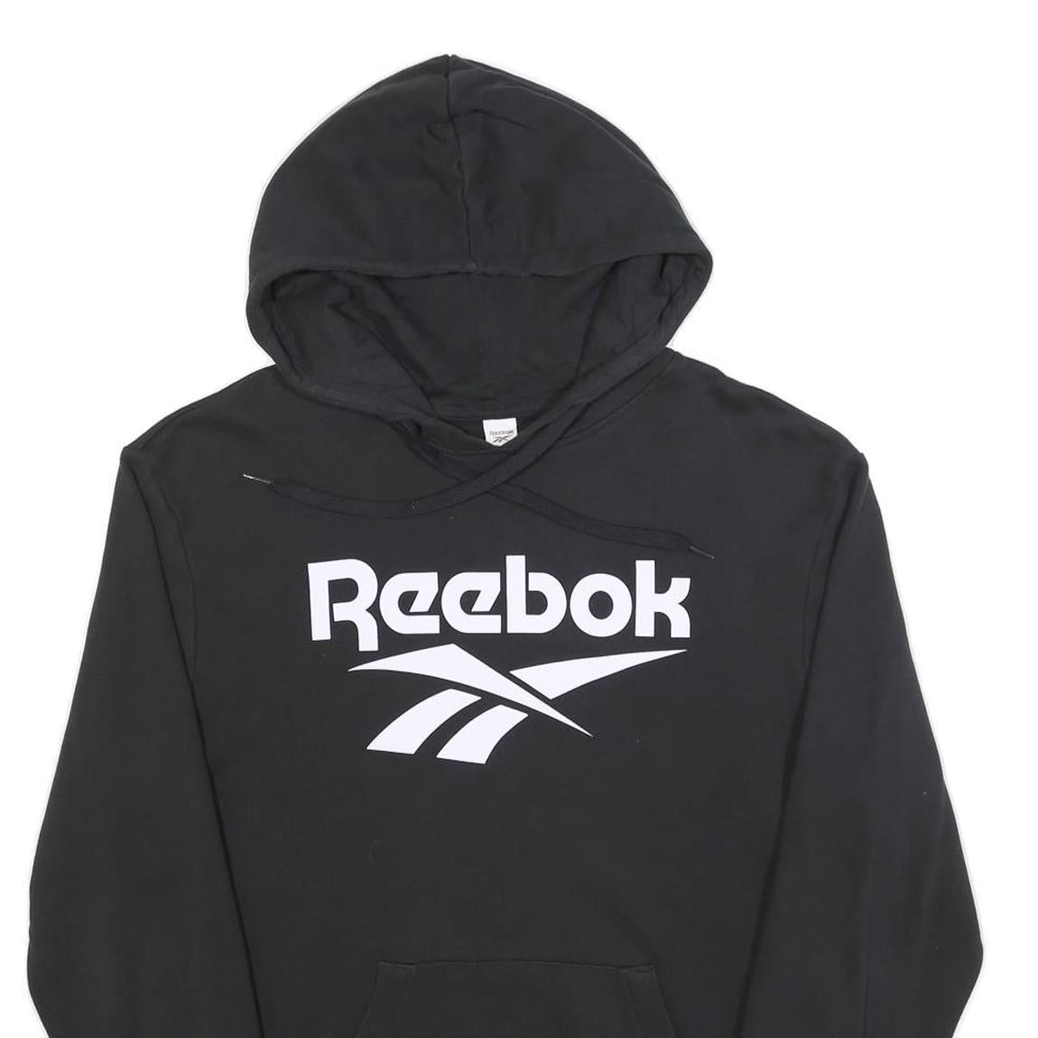 REEBOK Mens Black Hoodie M Cotton Blend Pullover Logo Print Casual