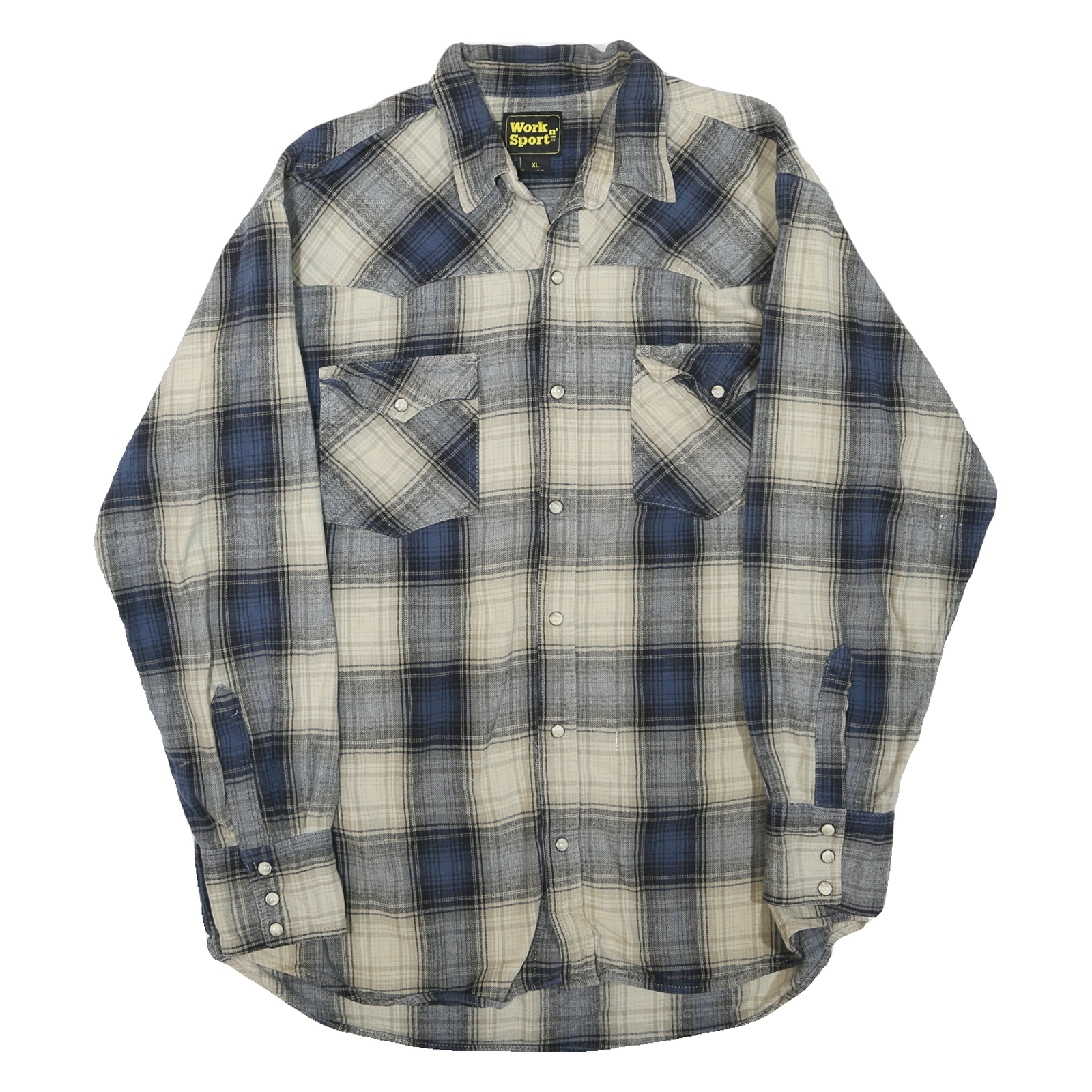 WORK N SPORT Mens Blue & Cream Check Shirt XL Cotton Blend Casual Long Sleeve