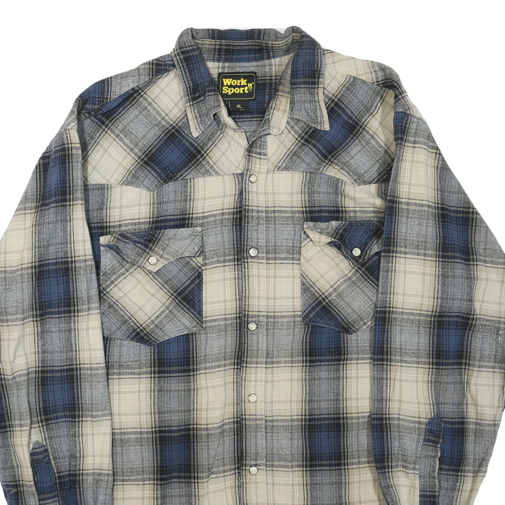 WORK N SPORT Mens Blue & Cream Check Shirt XL Cotton Blend Casual Long Sleeve